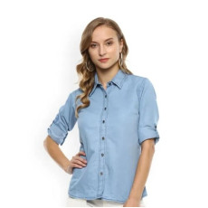 Women's Denim Solid Casual Roll Up Sleeves Shirt